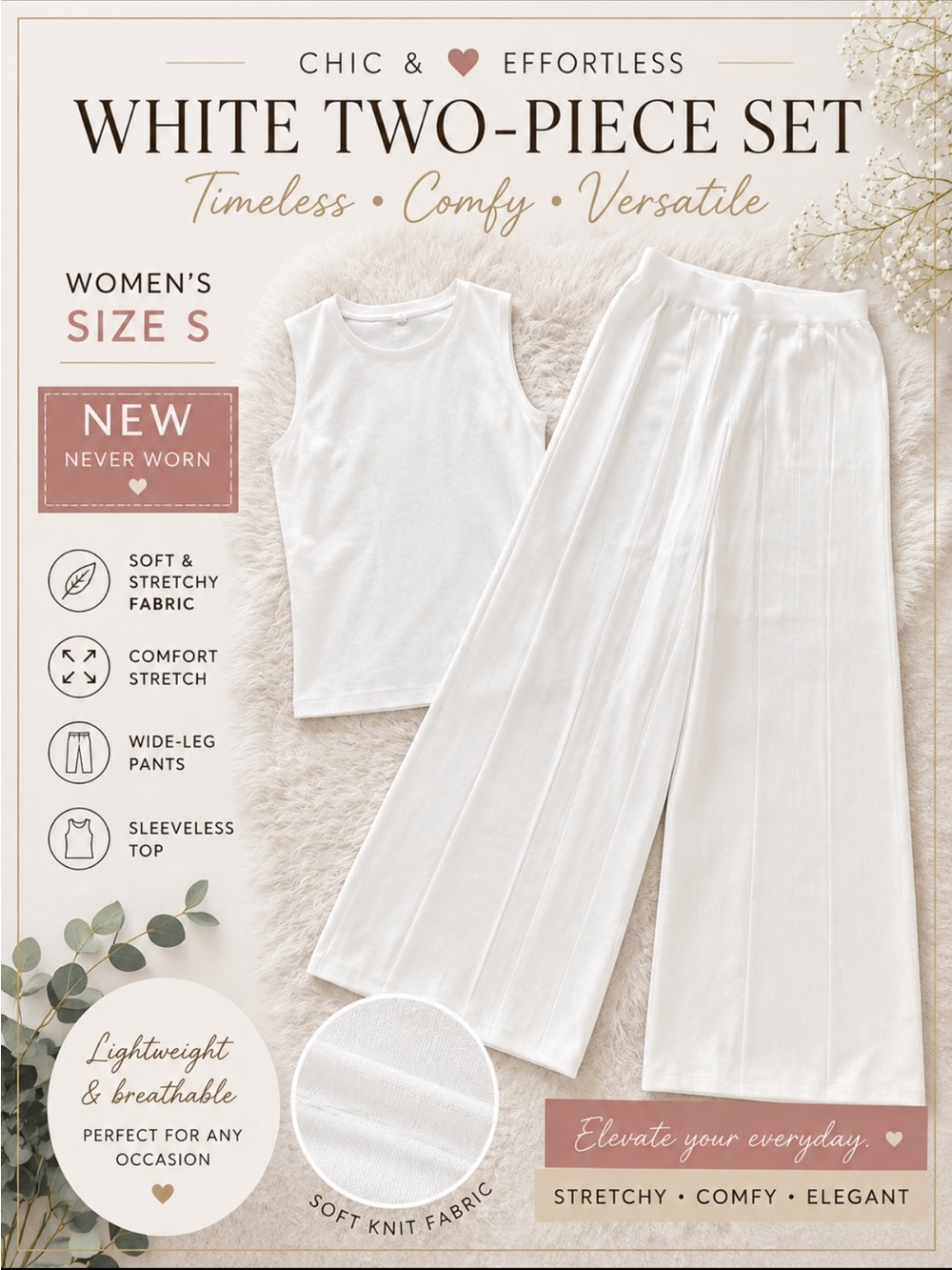 White Two-Piece Wide Leg Set. Size S - Picture 2 of 16